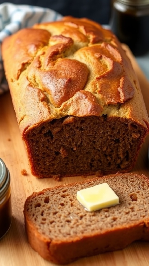 Sliced molasses brown bread on a cutting board with butter and molasses jar.